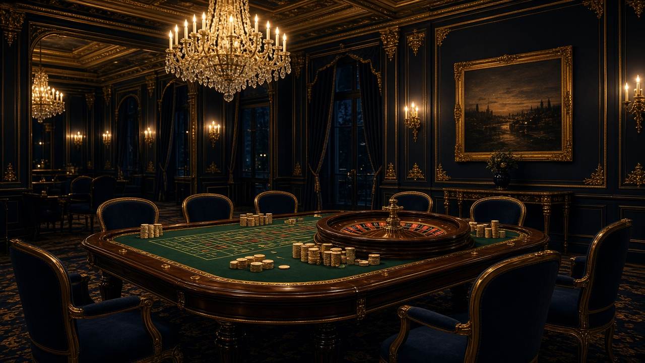 Salon de casino feutré avec roulette et jetons